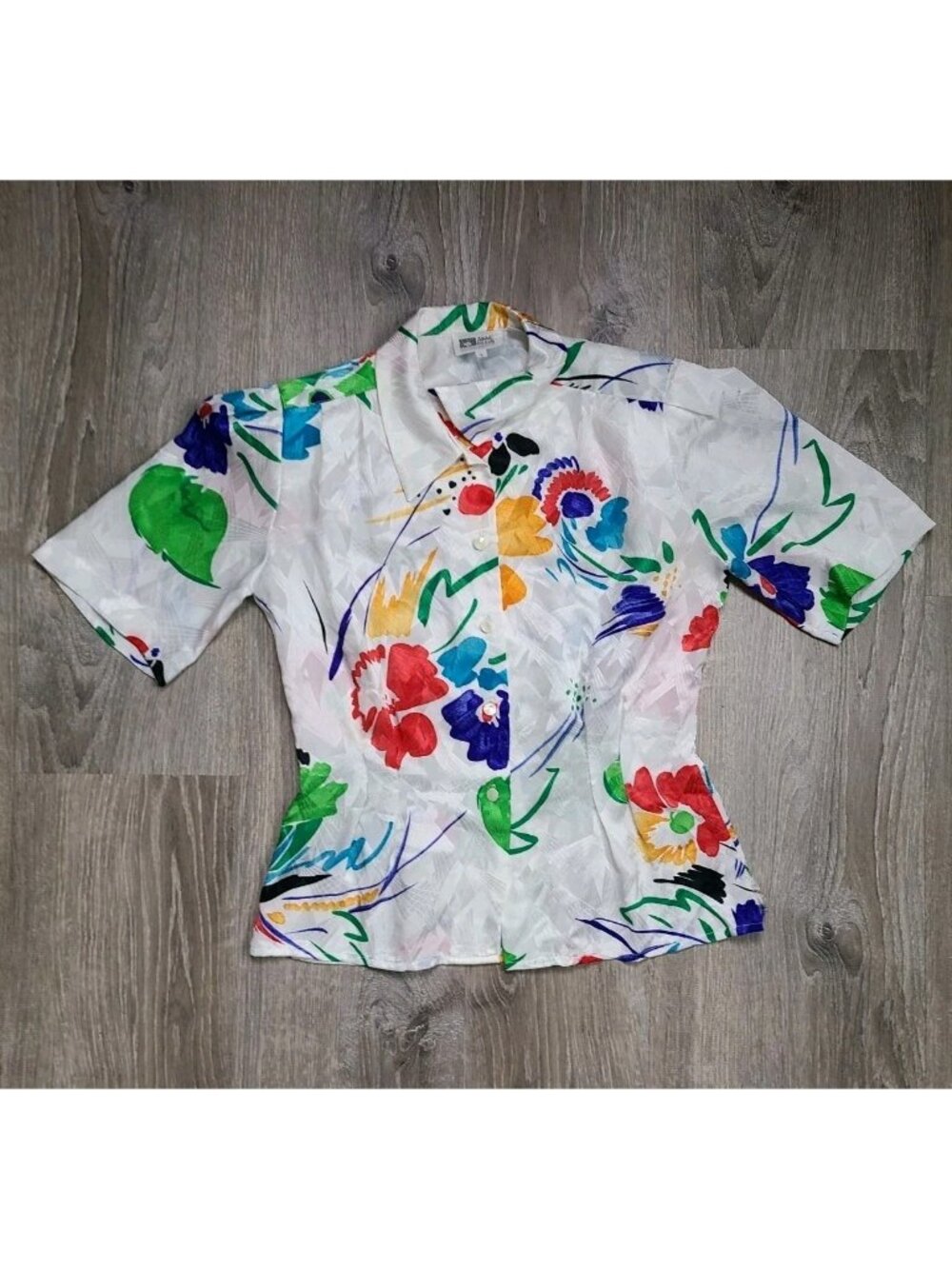 Vtg Anne Klein New Aspects Blouse Women 4 Fitted Button Up Abstract Floral Satin